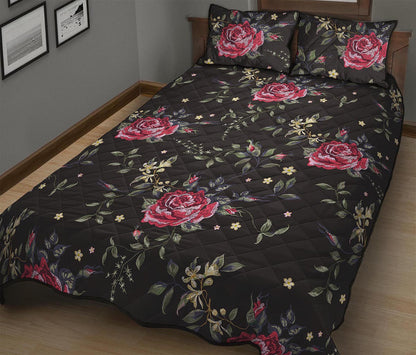 Red Rose Floral Pattern Print Quilt Bed Set