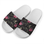 Red Rose Floral Pattern Print White Slide Sandals