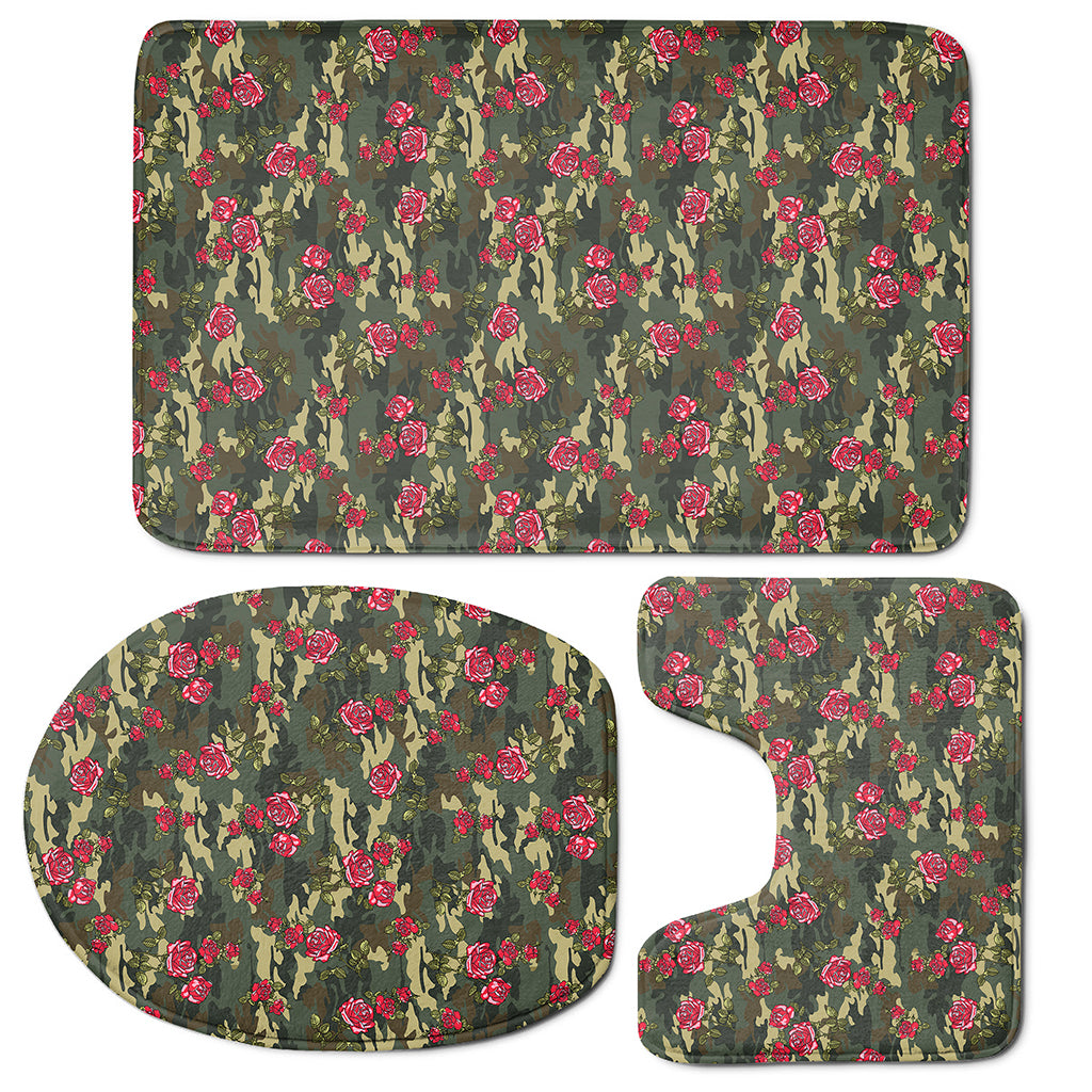 Red Rose Flower Camouflage Print 3 Piece Bath Mat Set