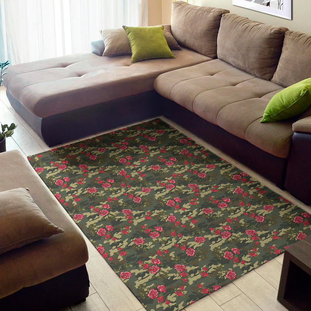 Red Rose Flower Camouflage Print Area Rug