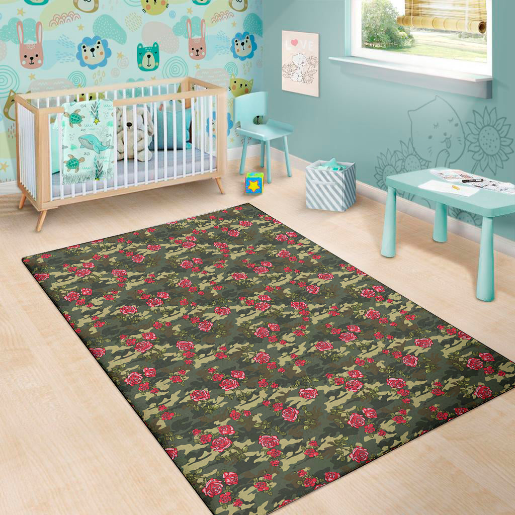 Red Rose Flower Camouflage Print Area Rug