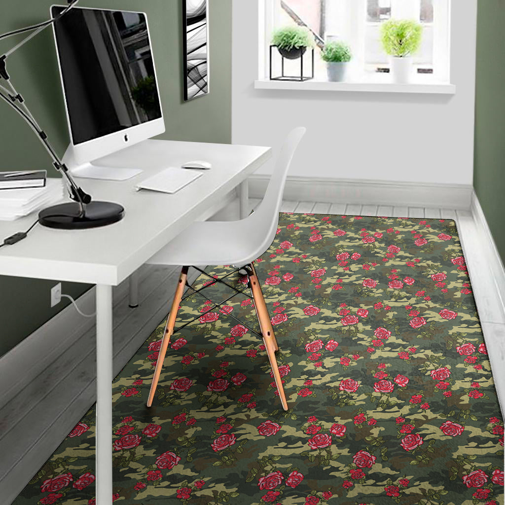 Red Rose Flower Camouflage Print Area Rug