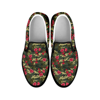 Red Rose Flower Camouflage Print Black Slip On Shoes