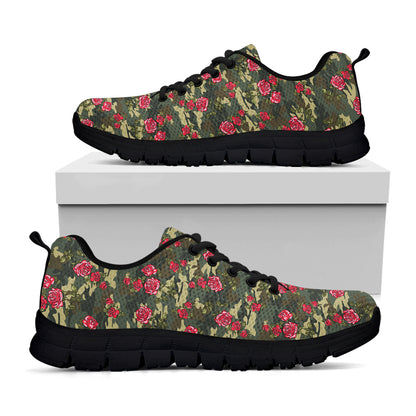 Red Rose Flower Camouflage Print Black Sneakers