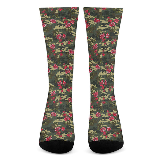 Red Rose Flower Camouflage Print Crew Socks