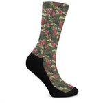 Red Rose Flower Camouflage Print Crew Socks