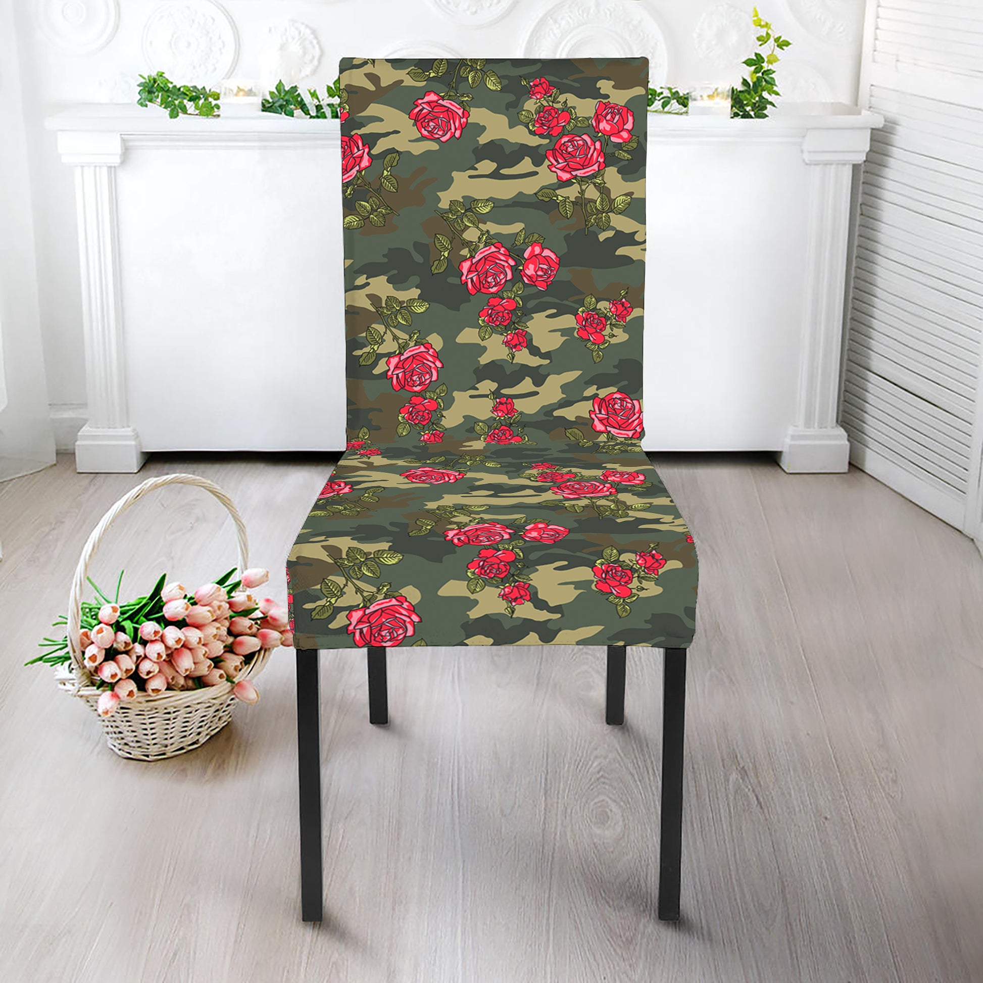 Red Rose Flower Camouflage Print Dining Chair Slipcover