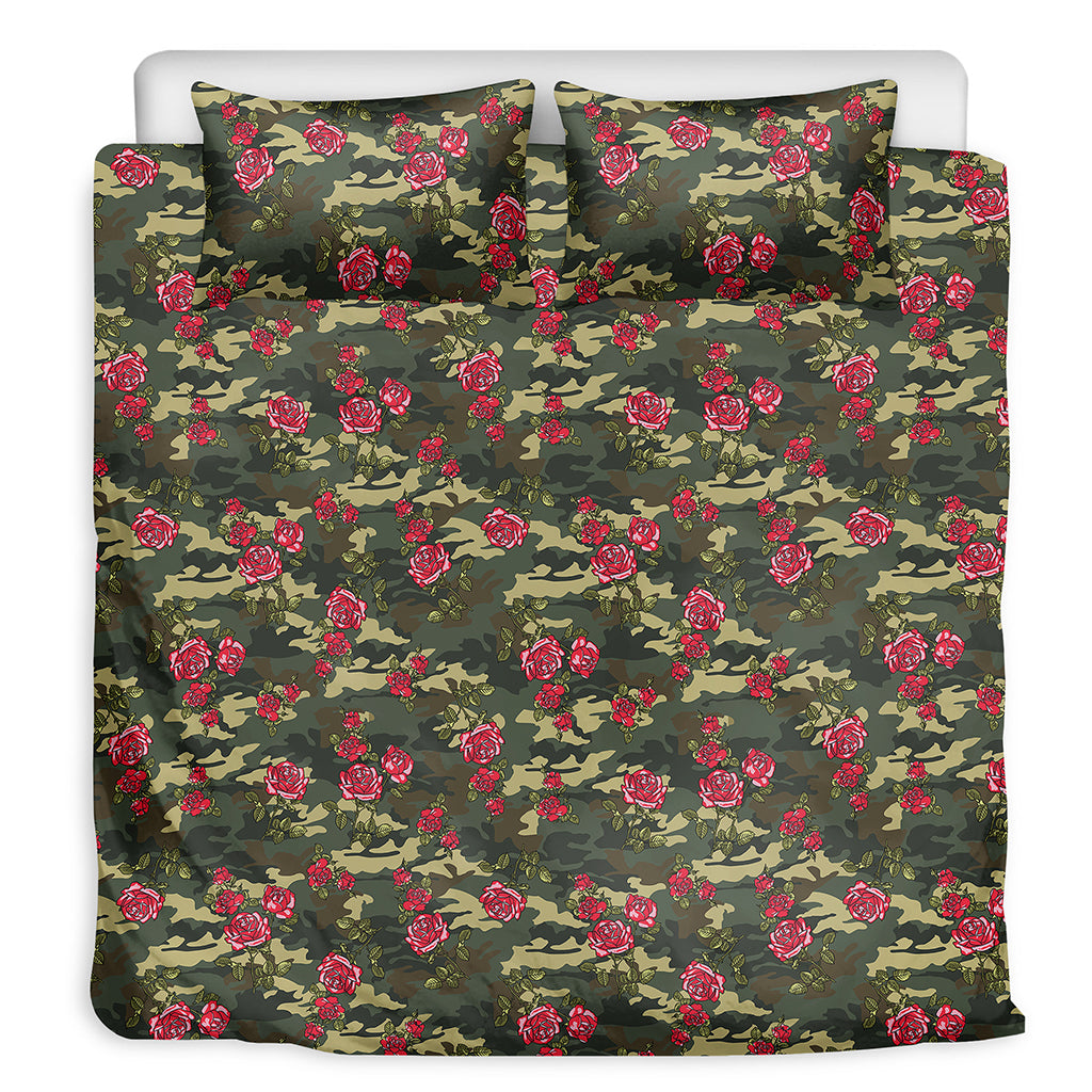 Red Rose Flower Camouflage Print Duvet Cover Bedding Set