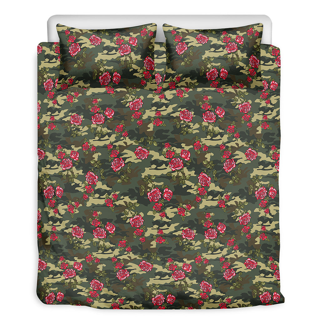 Red Rose Flower Camouflage Print Duvet Cover Bedding Set