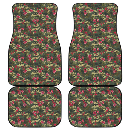Red Rose Flower Camouflage Print Front and Back Car Floor Mats