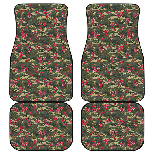 Red Rose Flower Camouflage Print Front and Back Car Floor Mats