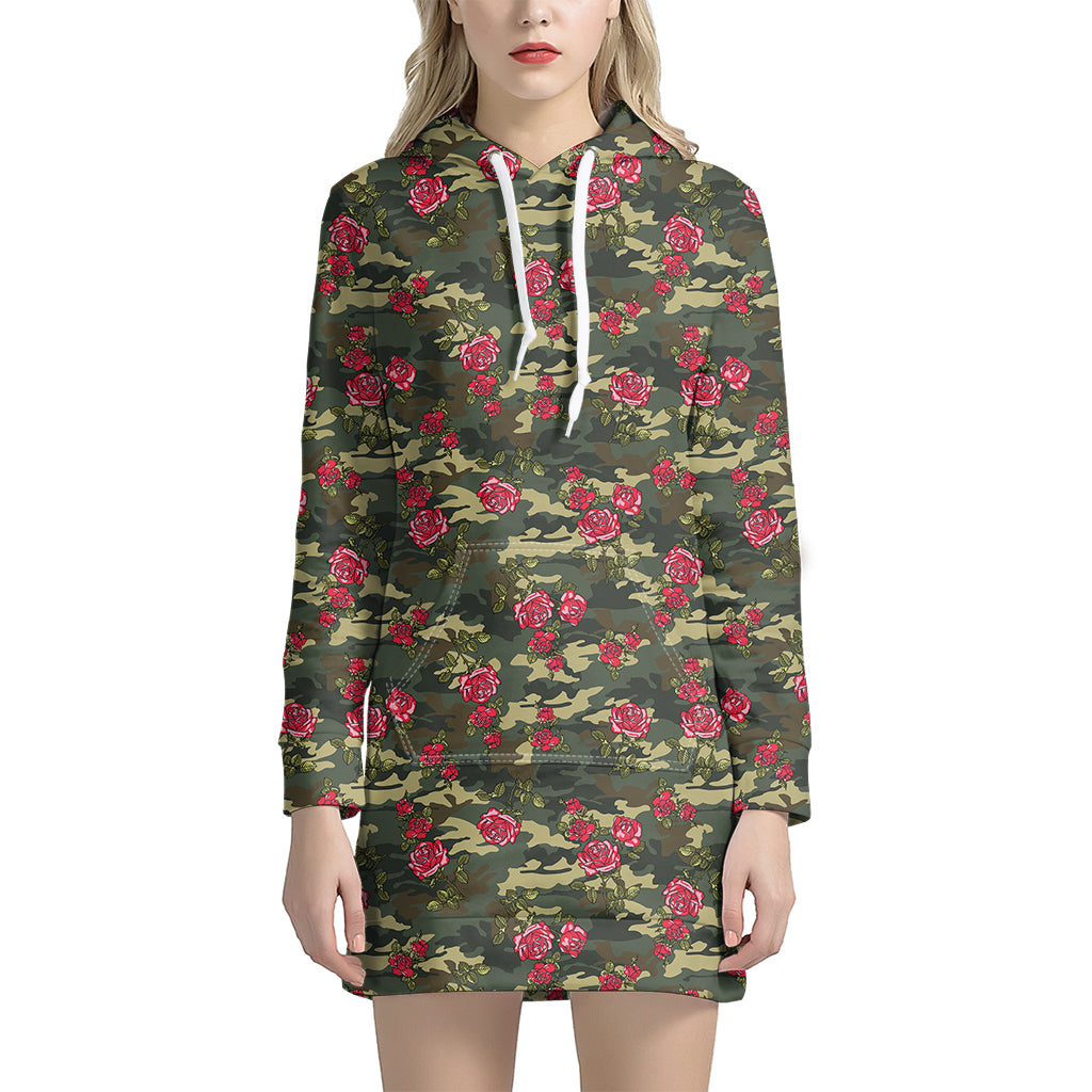 Red Rose Flower Camouflage Print Hoodie Dress