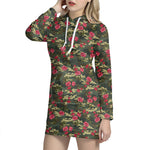 Red Rose Flower Camouflage Print Hoodie Dress