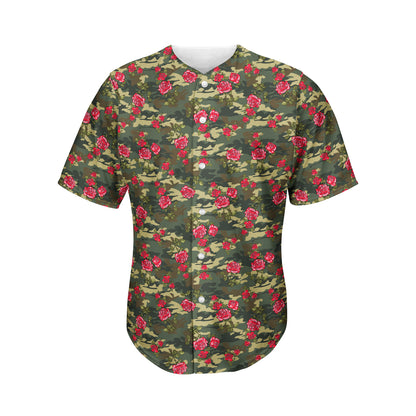 Red Rose Flower Camouflage Print Men's Baseball Jersey