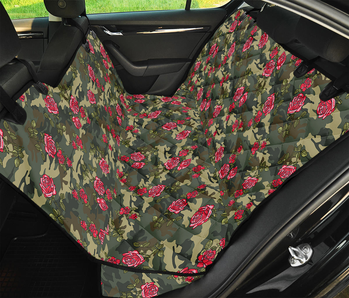 Red Rose Flower Camouflage Print Pet Car Back Seat Cover