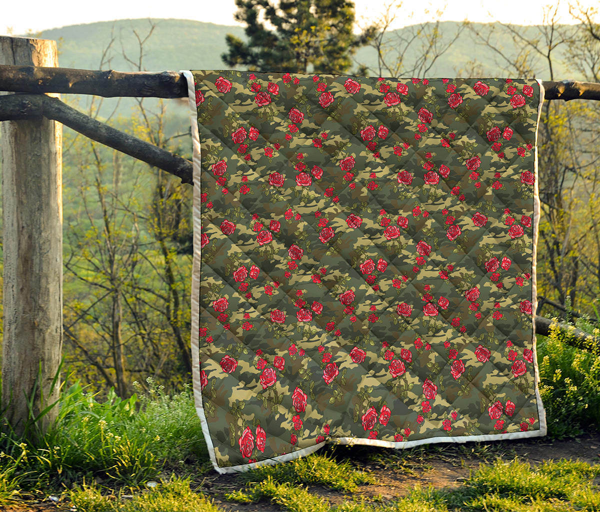 Red Rose Flower Camouflage Print Quilt