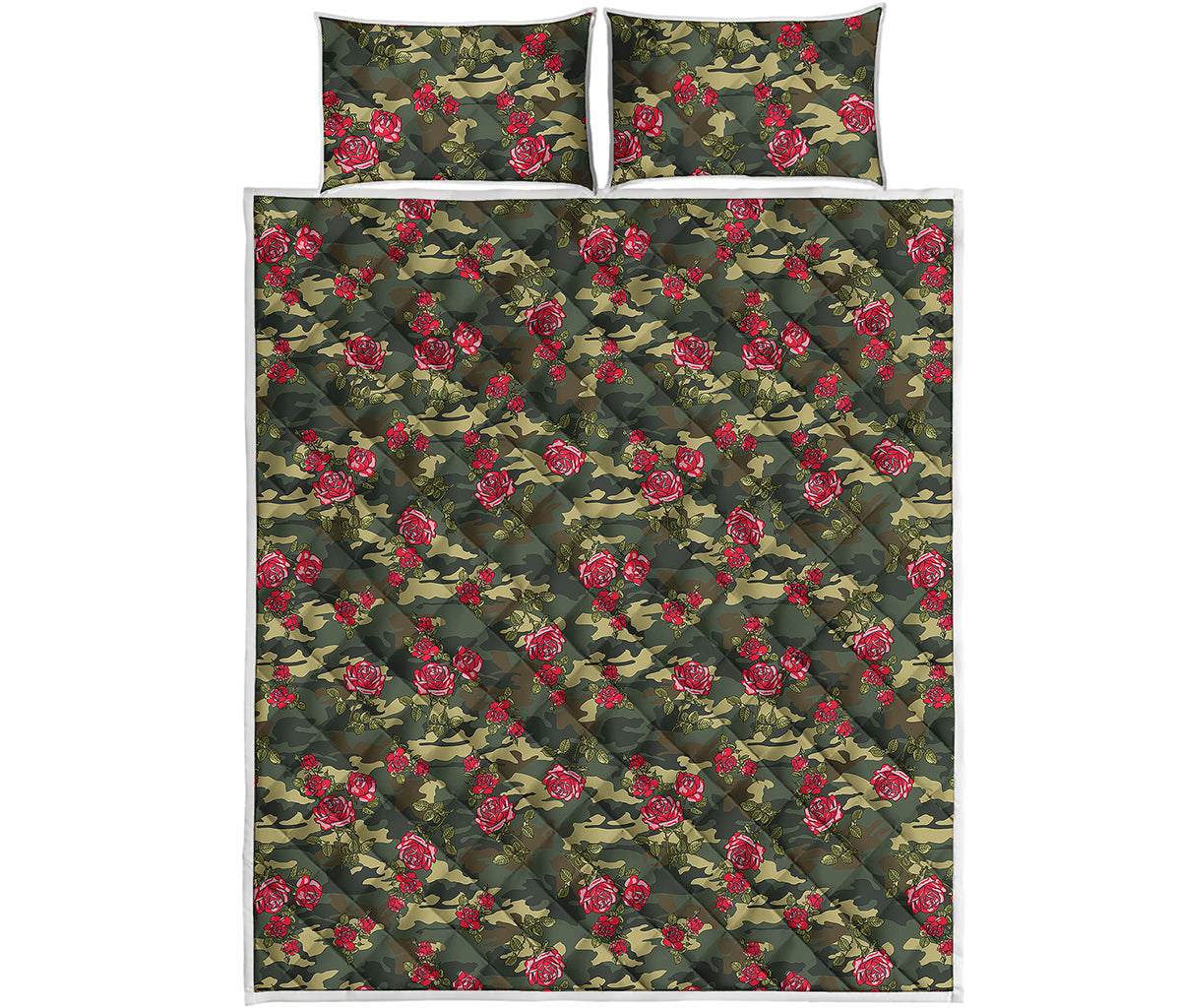 Red Rose Flower Camouflage Print Quilt Bed Set