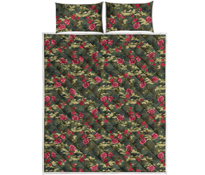 Red Rose Flower Camouflage Print Quilt Bed Set