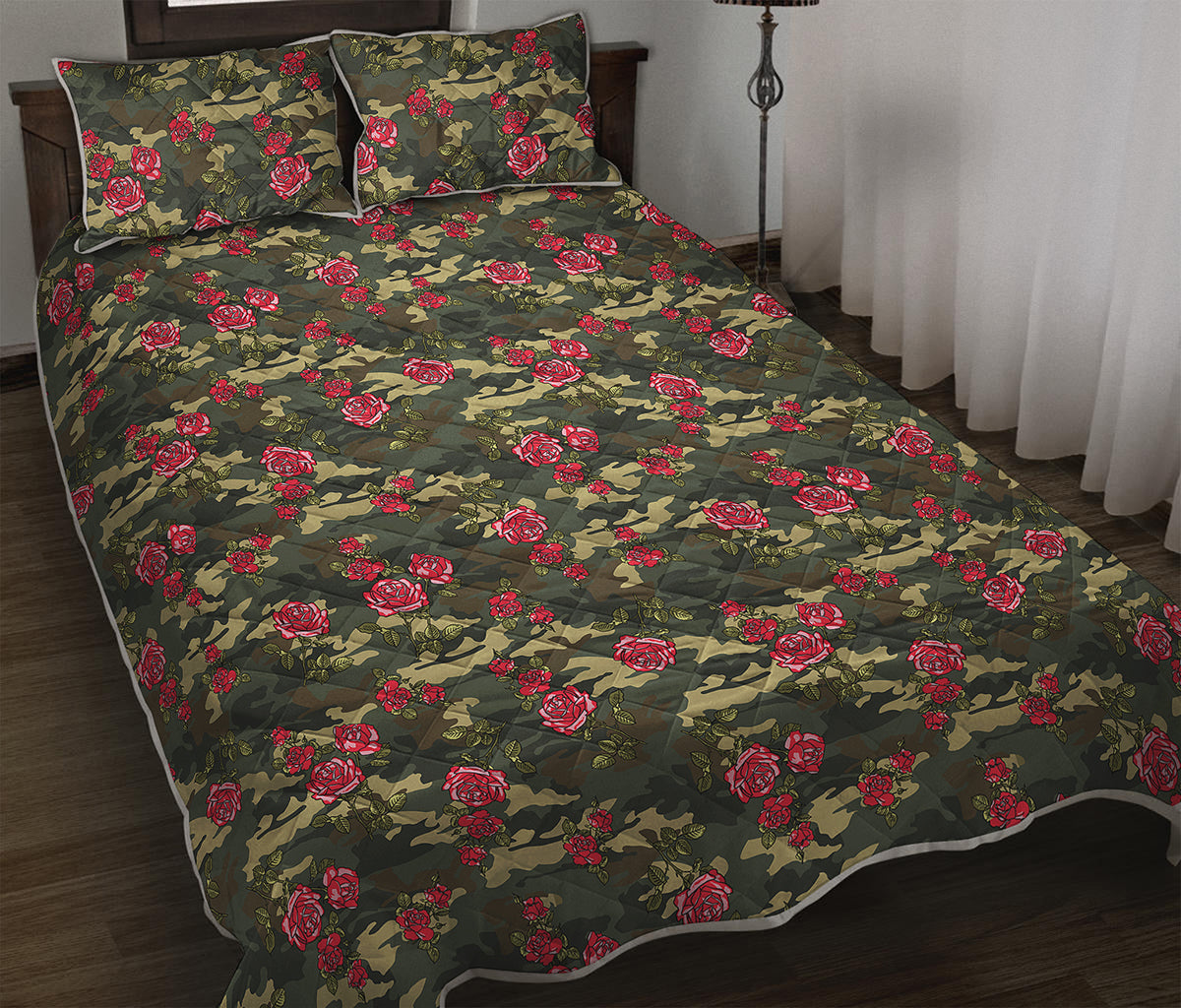 Red Rose Flower Camouflage Print Quilt Bed Set