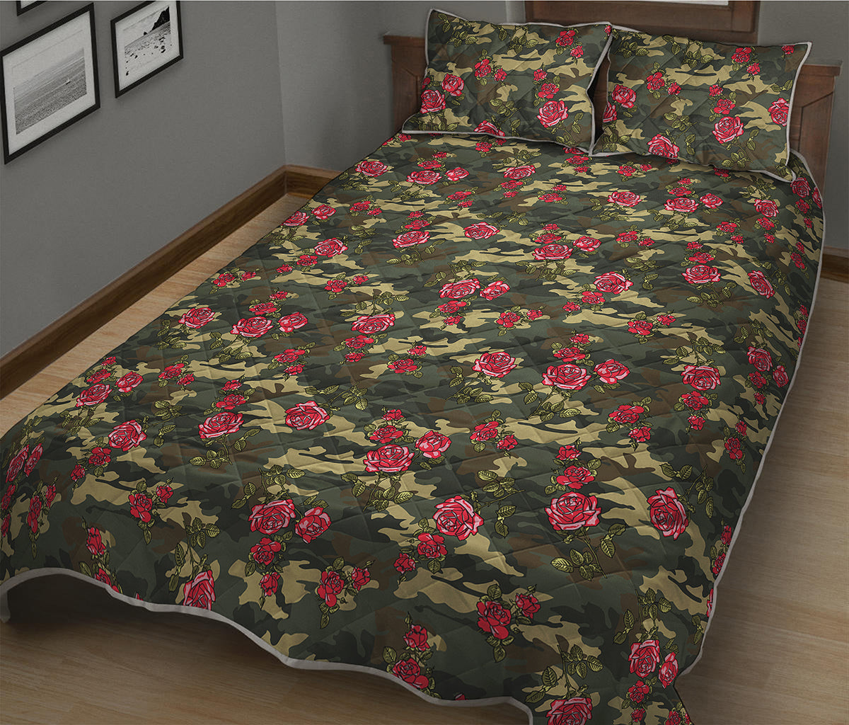Red Rose Flower Camouflage Print Quilt Bed Set
