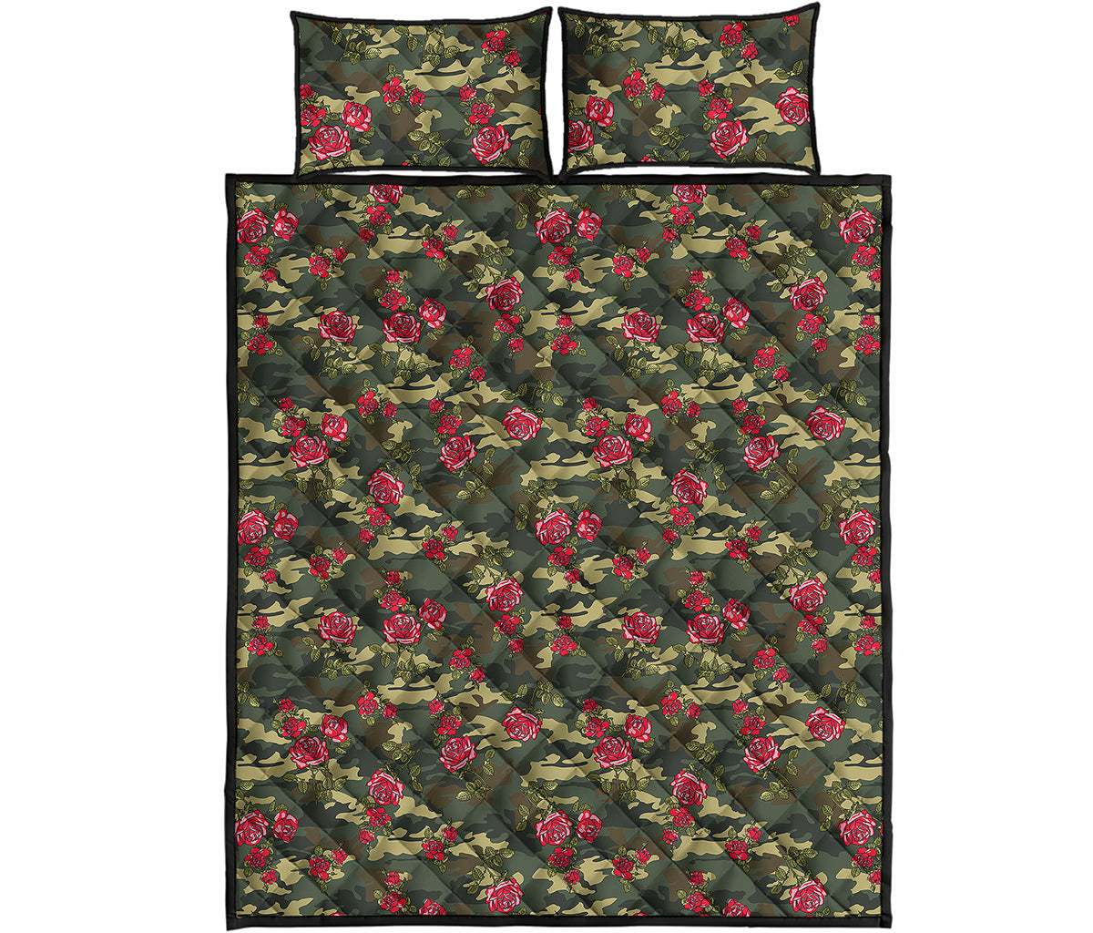 Red Rose Flower Camouflage Print Quilt Bed Set
