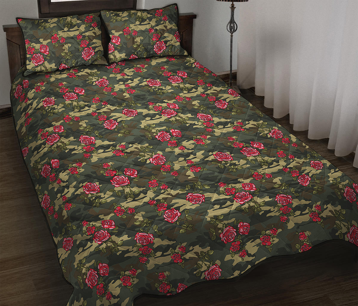 Red Rose Flower Camouflage Print Quilt Bed Set