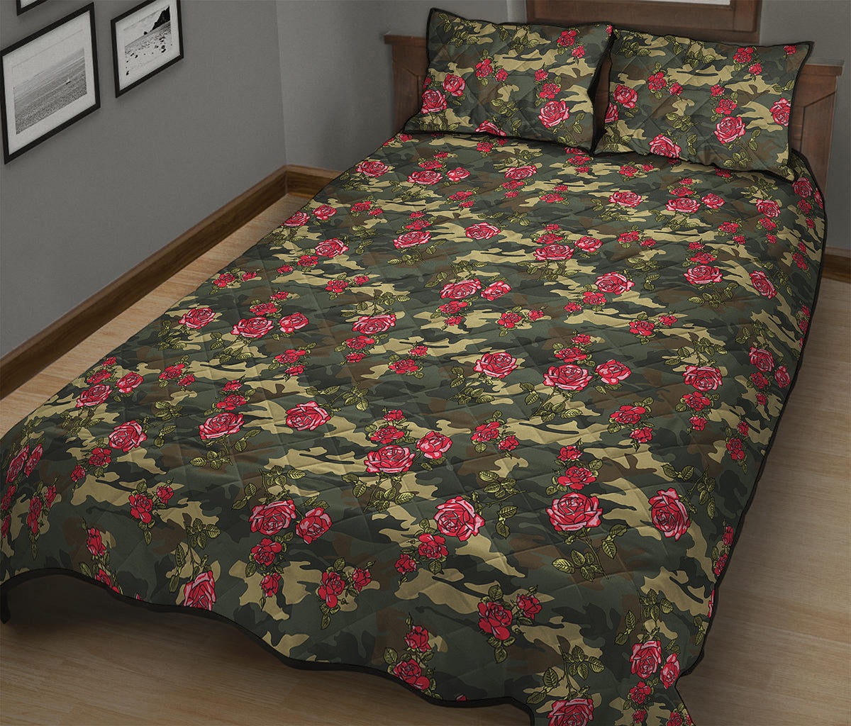 Red Rose Flower Camouflage Print Quilt Bed Set