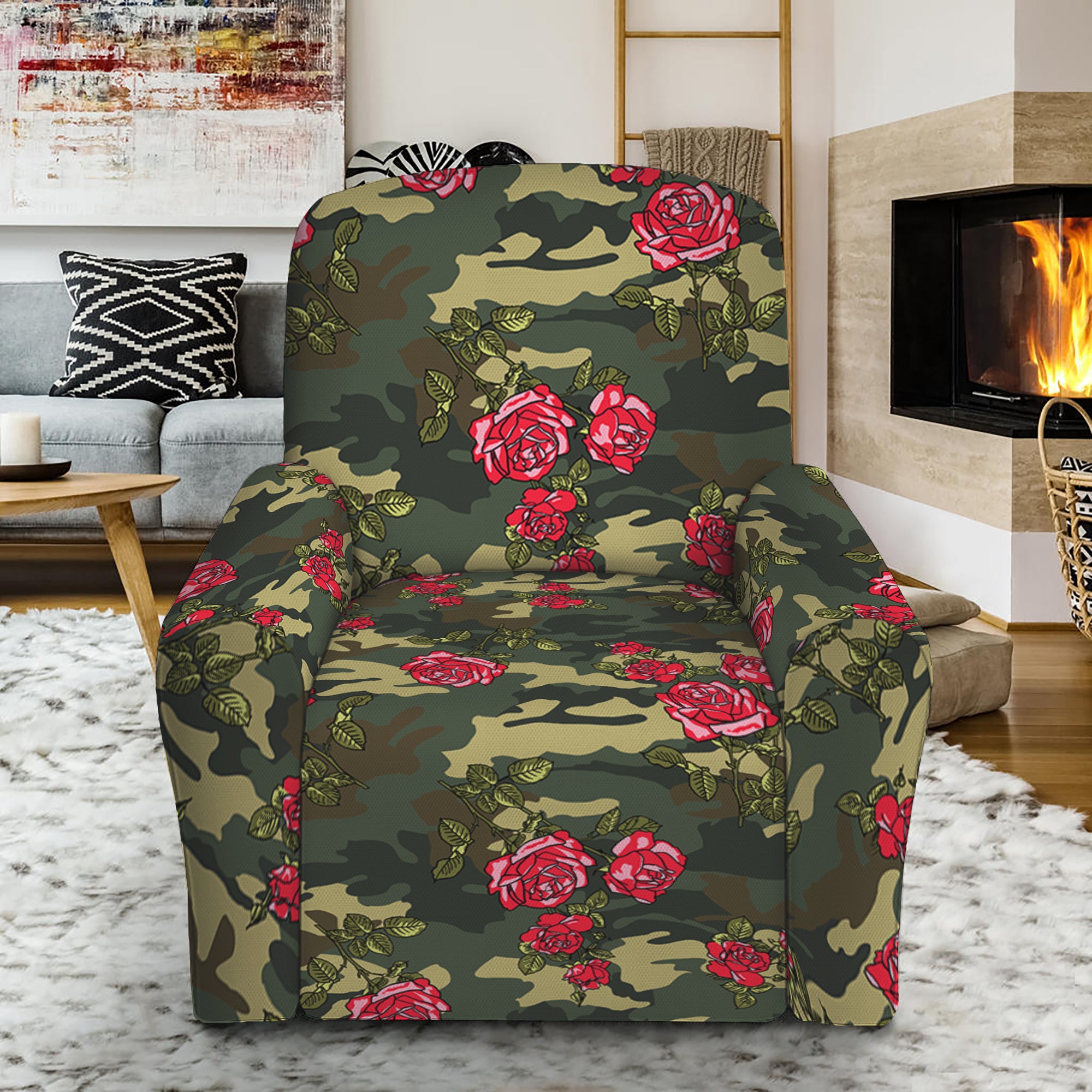 Red Rose Flower Camouflage Print Recliner Slipcover GearFrost