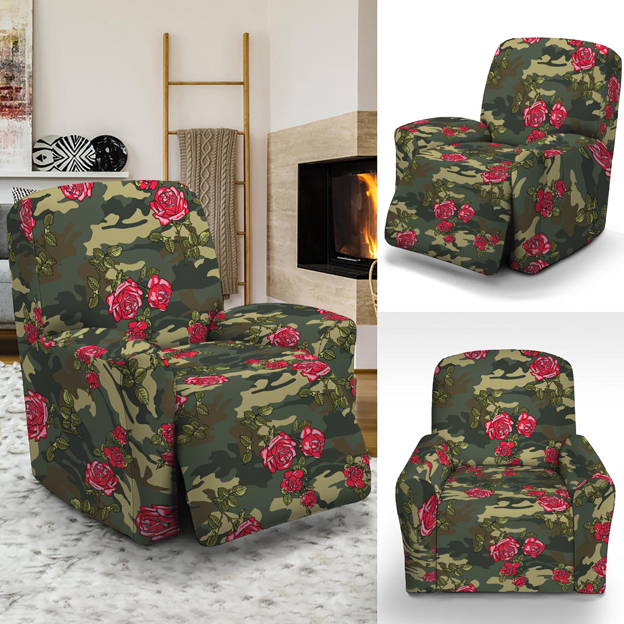 Red Rose Flower Camouflage Print Recliner Slipcover GearFrost