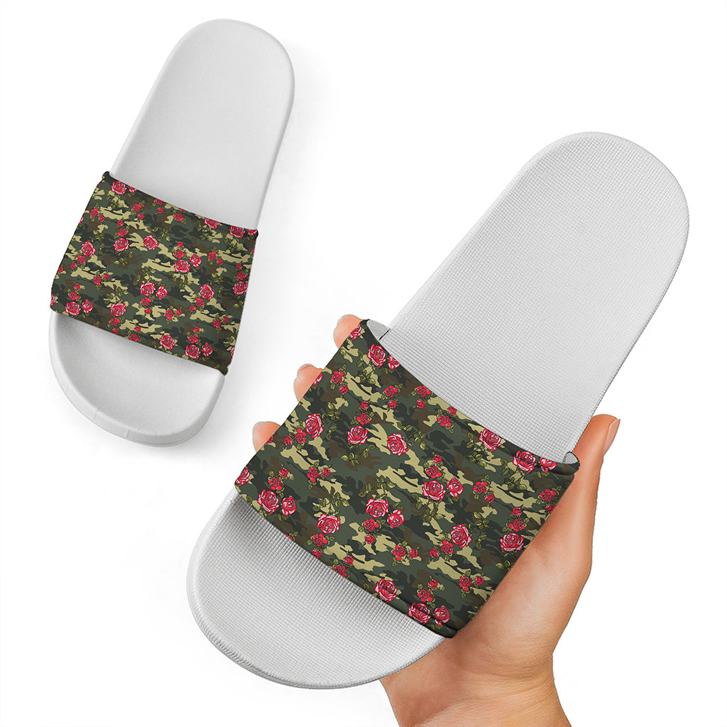 Red Rose Flower Camouflage Print White Slide Sandals