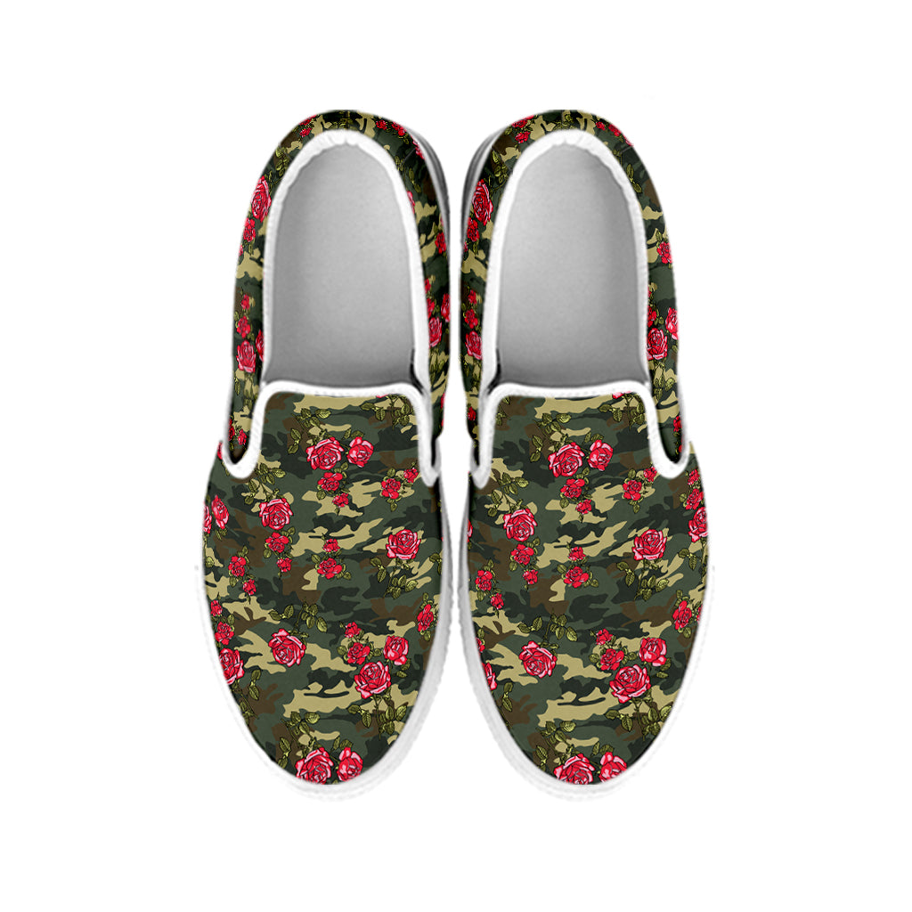 Red Rose Flower Camouflage Print White Slip On Shoes
