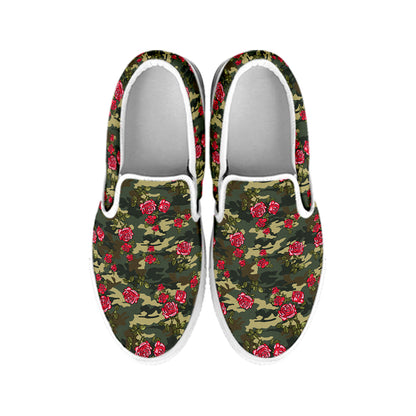 Red Rose Flower Camouflage Print White Slip On Shoes