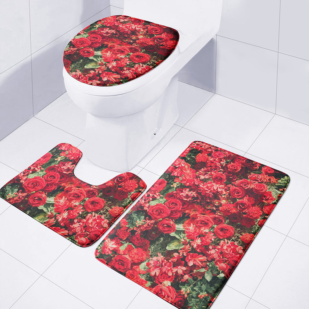Red Rose Flower Print 3 Piece Bath Mat Set