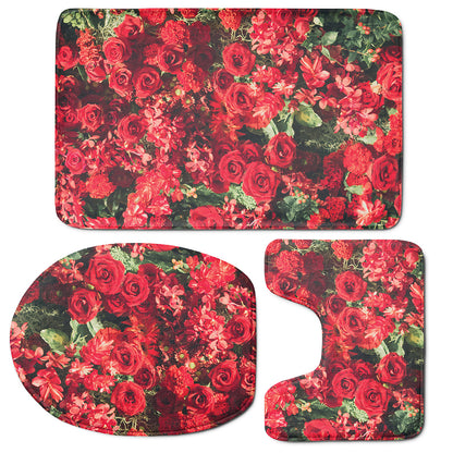 Red Rose Flower Print 3 Piece Bath Mat Set