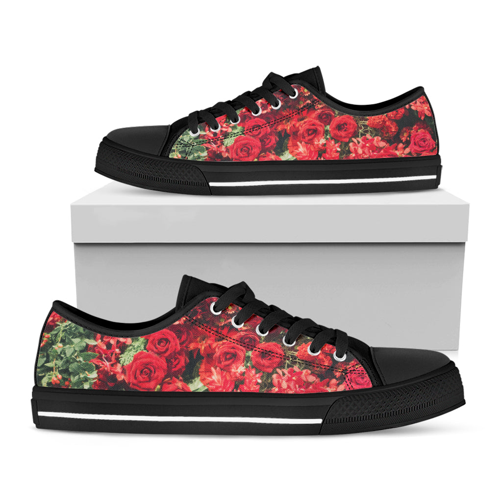 Red Rose Flower Print Black Low Top Shoes