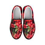 Red Rose Flower Print Black Slip On Shoes