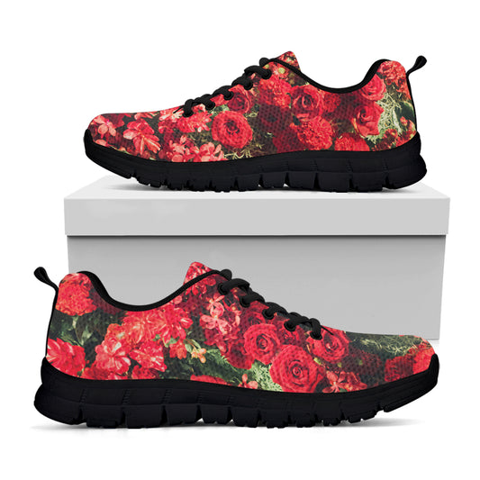 Red Rose Flower Print Black Sneakers