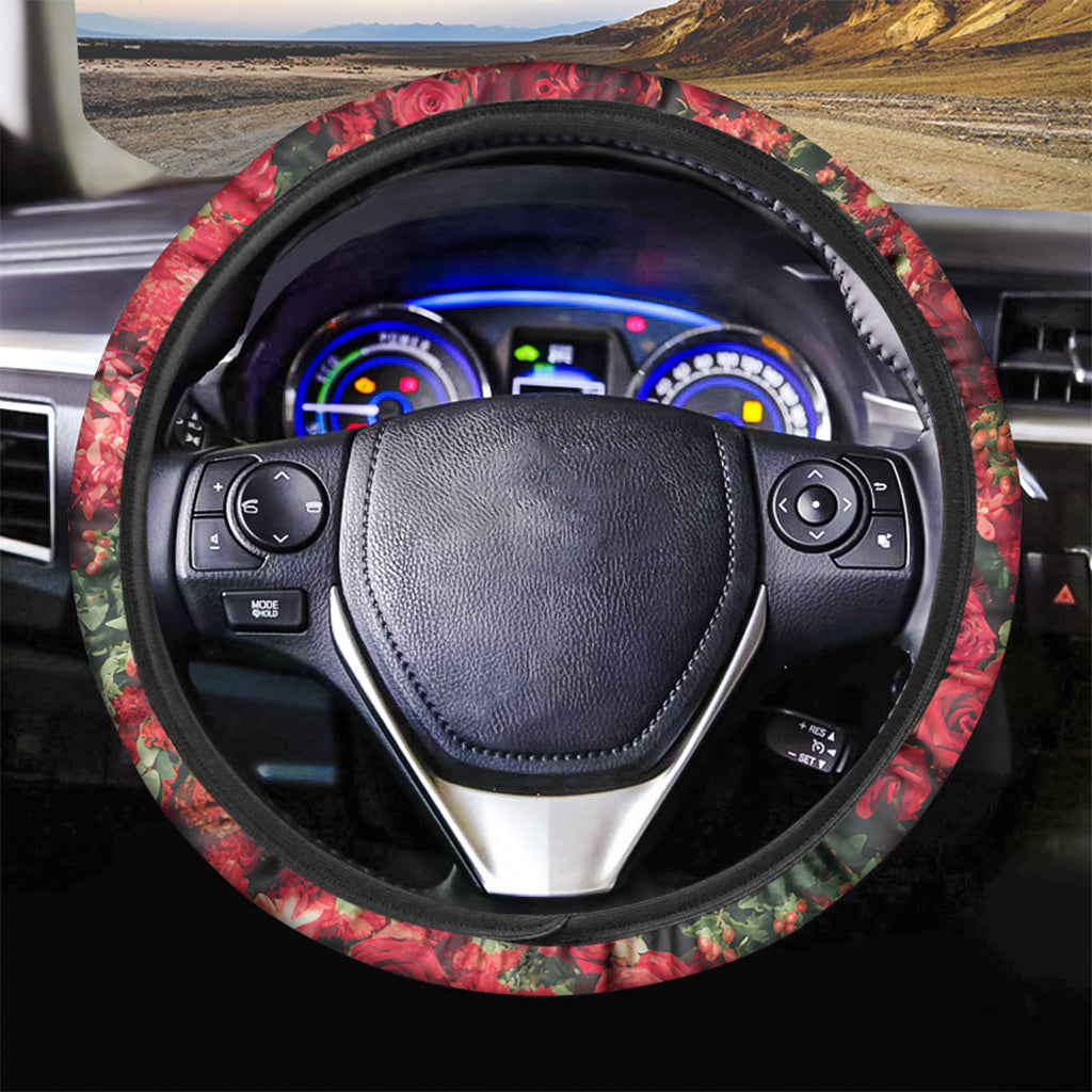 Red Rose Flower Print Car Steering Wheel Cover