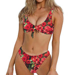 Red Rose Flower Print Front Bow Tie Bikini