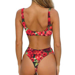Red Rose Flower Print Front Bow Tie Bikini