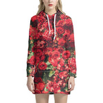Red Rose Flower Print Hoodie Dress
