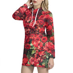 Red Rose Flower Print Hoodie Dress