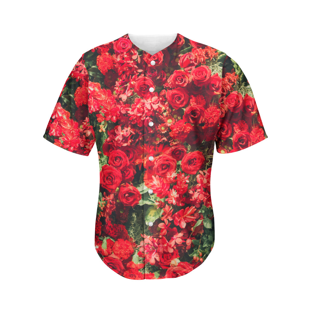 Red Rose Flower Print Men's Baseball Jersey