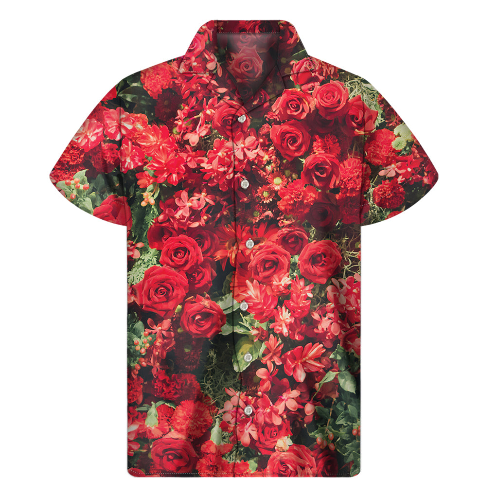 Red Rose Flower Print Men's Short Sleeve Shirt