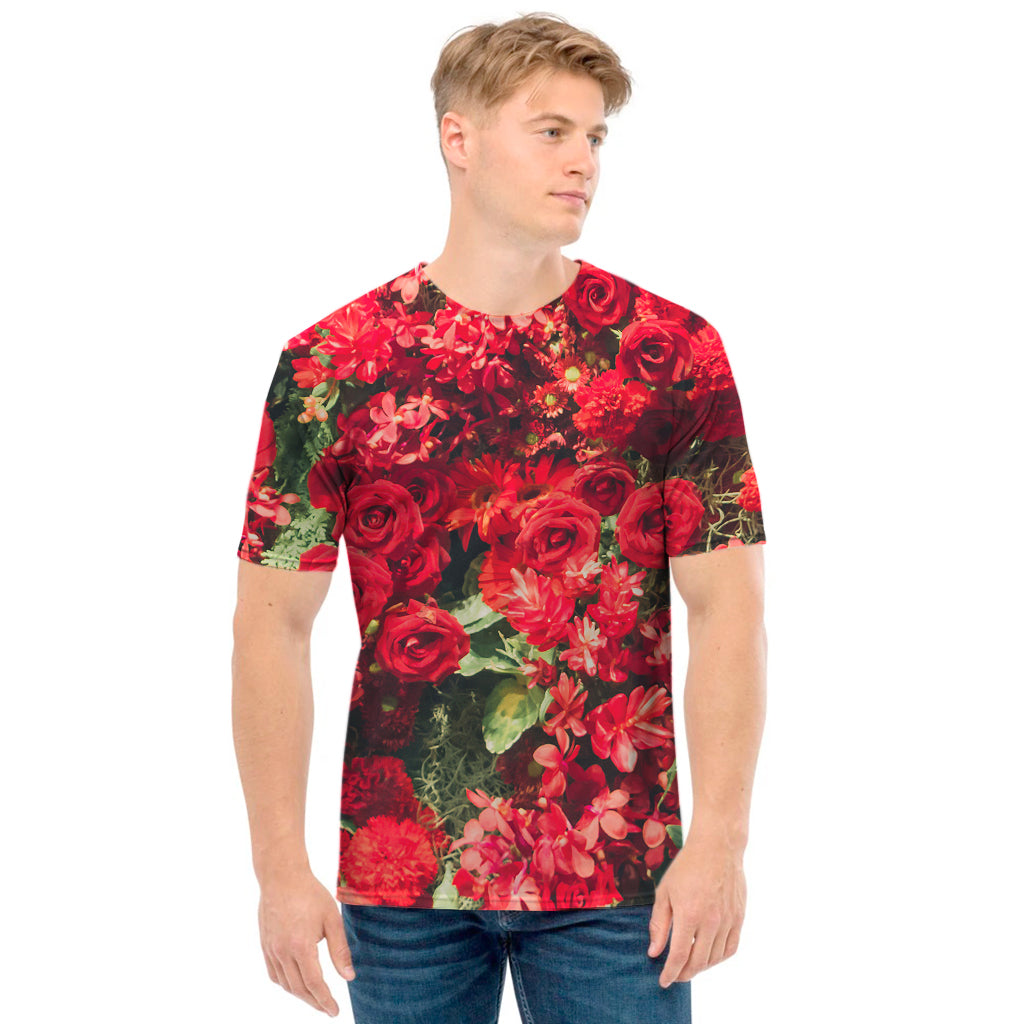 Red Rose Flower Print Men's T-Shirt