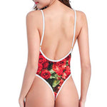 Red Rose Flower Print One Piece High Cut Swimsuit
