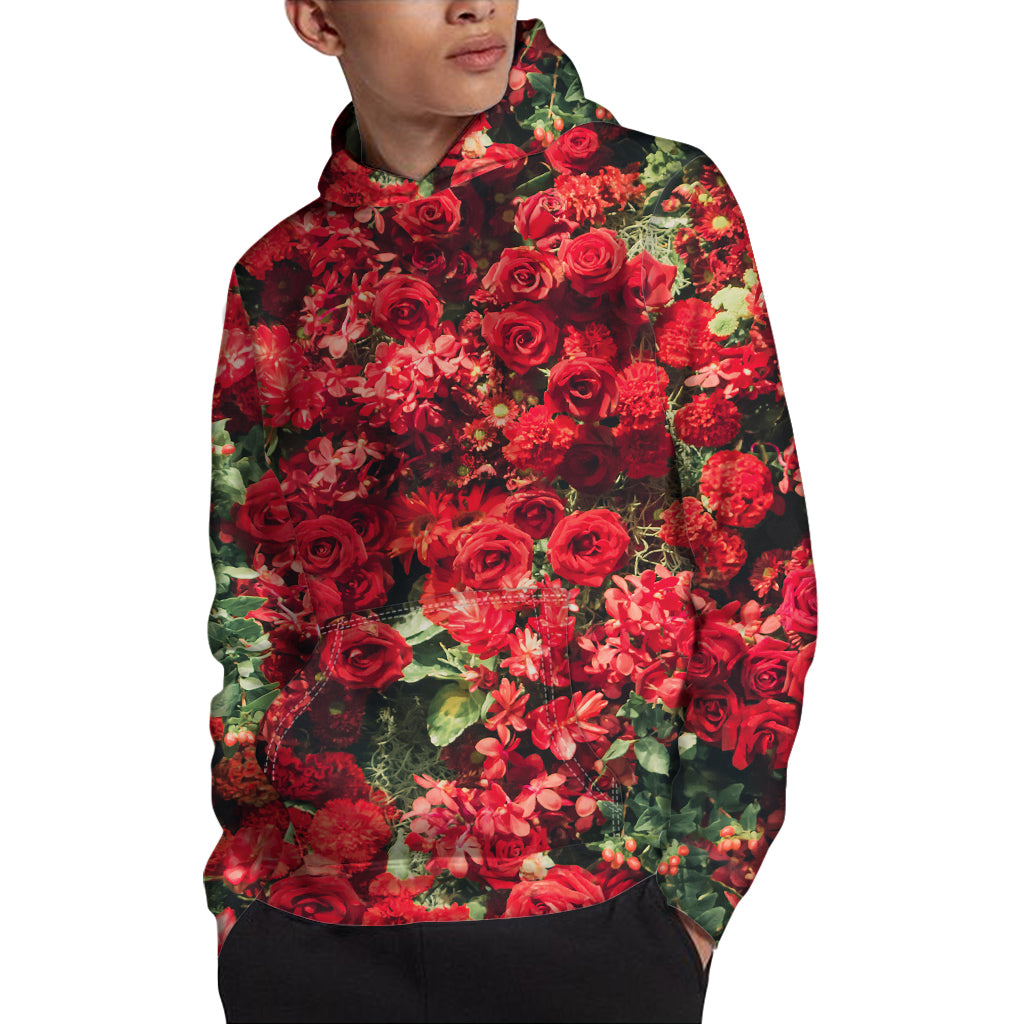 Red Rose Flower Print Pullover Hoodie