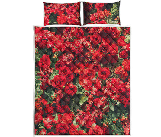 Red Rose Flower Print Quilt Bed Set