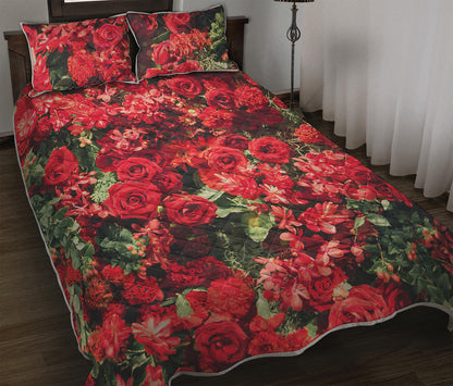 Red Rose Flower Print Quilt Bed Set