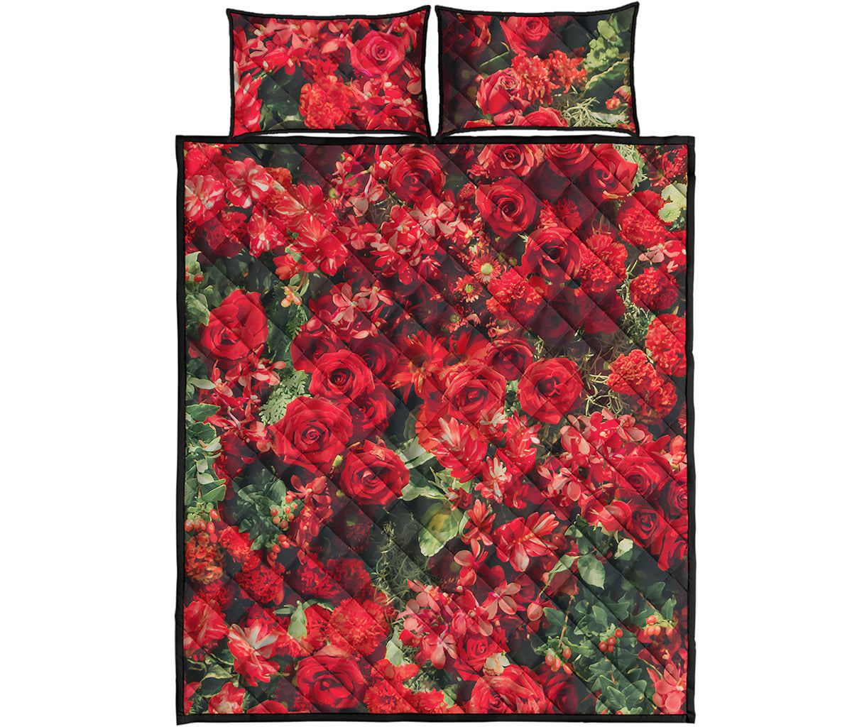Red Rose Flower Print Quilt Bed Set